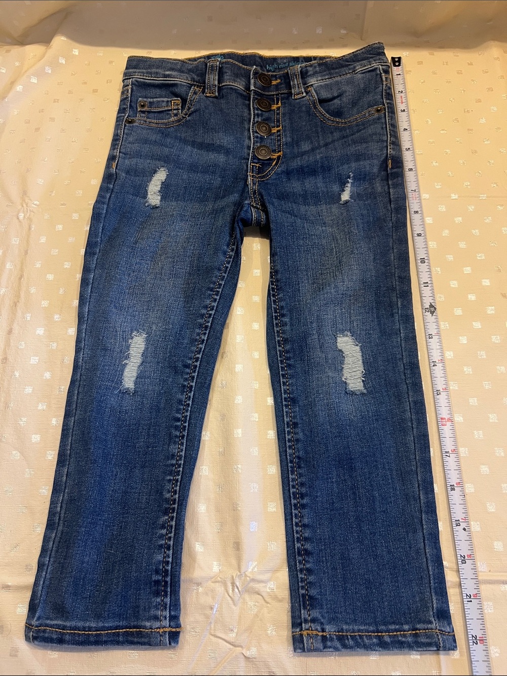 Kids Distressed Button-Fly Dark Blue Jeans